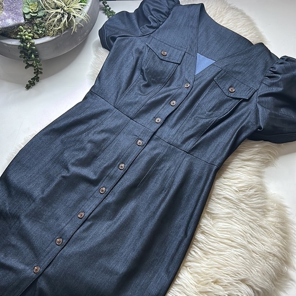 Calvin Klein Denim chambray Puff-sleeve Sheath Dress In Blue medium - Picture 7 of 7